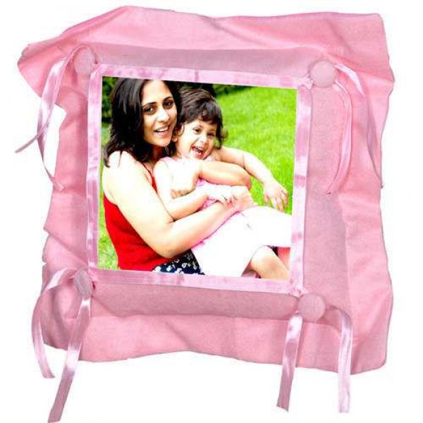 Pink Satin Lace and Button Square Shaped Cushion With Personalized Photo